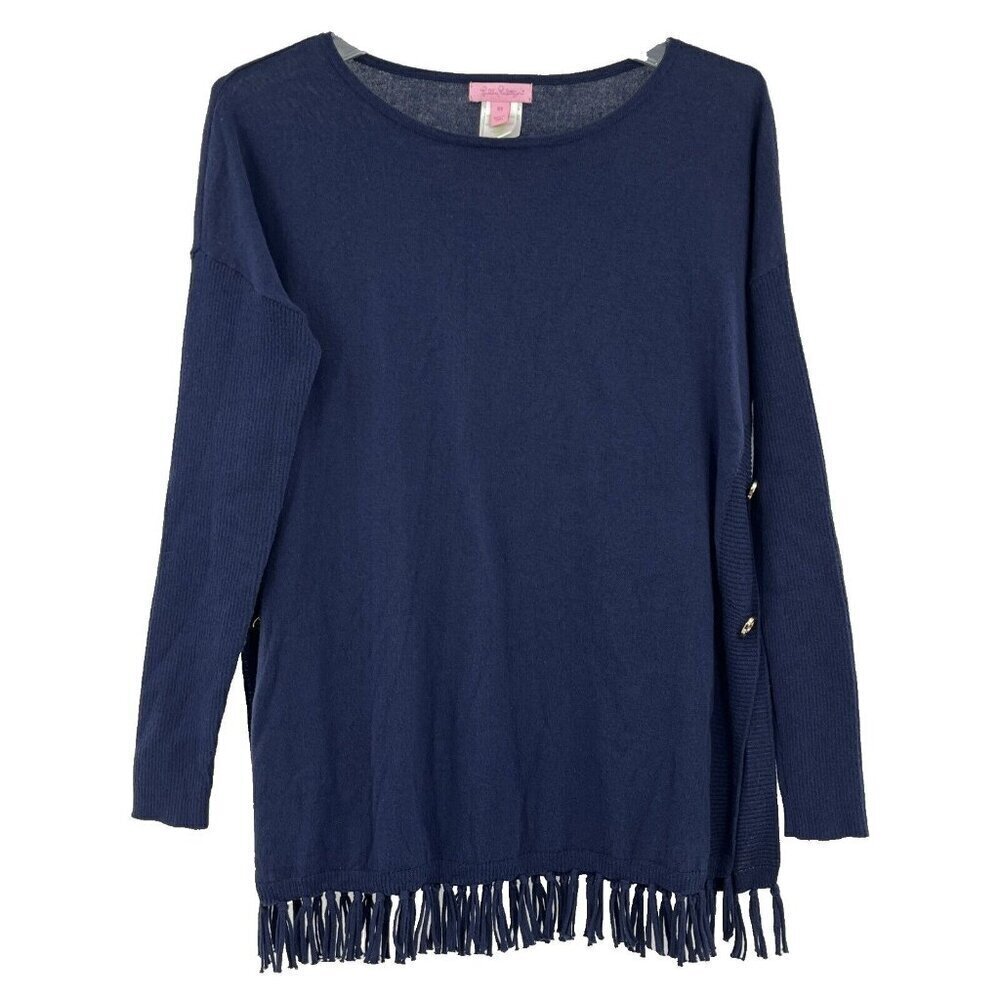 Lilly Pulitzer Ramona Sweater Blue Fringe Knit Oversized Buttons Size XS EUC